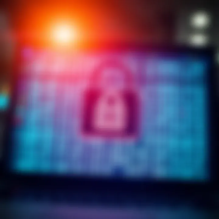 A digital lock symbol over a computer screen displaying binary code, representing secure computation on encrypted data.
