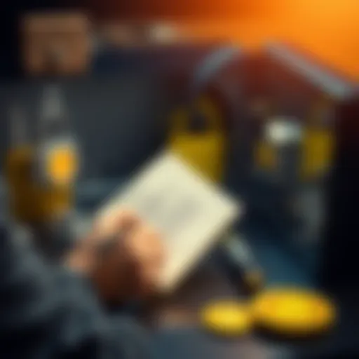 A person writing down a cryptocurrency seed phrase on paper, surrounded by security items like a lock and a safe.
