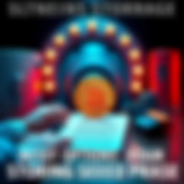 A person writing down a Bitcoin seed phrase on paper, surrounded by various storage options like a safe and USB drive.