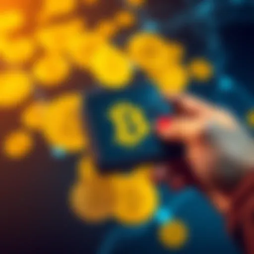 A person holding a hardware wallet with Bitcoin symbols around, representing secure storage for cryptocurrency.