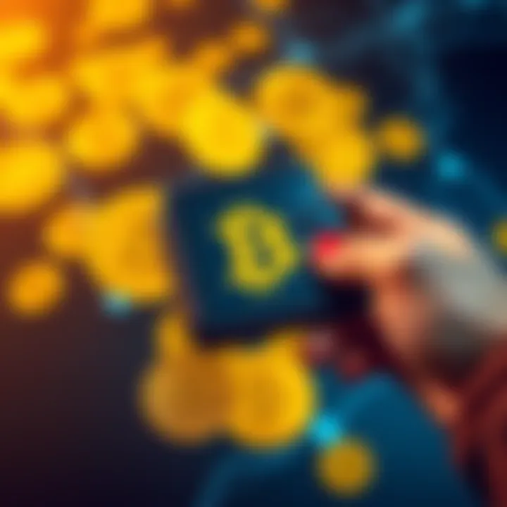 A person holding a hardware wallet with Bitcoin symbols around, representing secure storage for cryptocurrency.