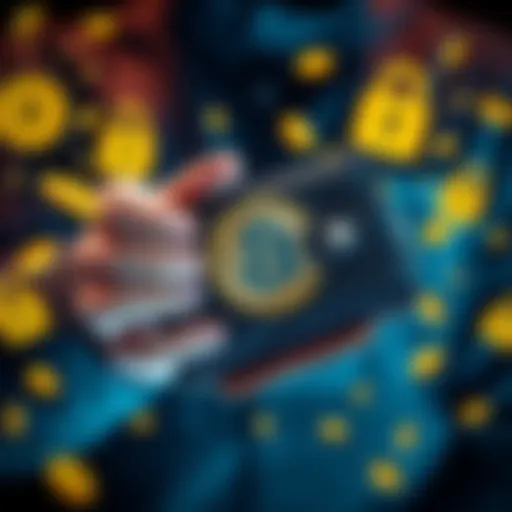 A person holding a secure physical Bitcoin wallet with the Bitcoin logo showing, surrounded by gold coins and digital security symbols.