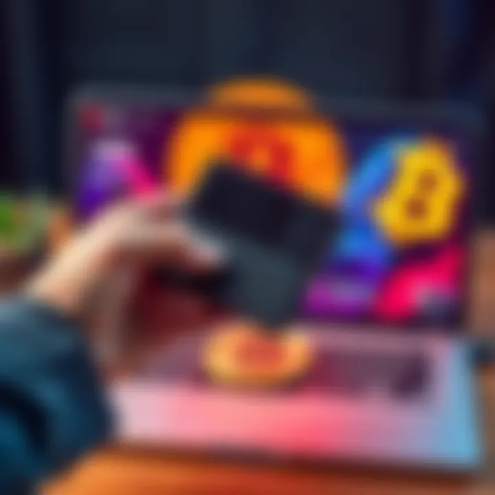 A person holding a hardware wallet, symbolizing secure Bitcoin storage and anonymity, with a laptop and Bitcoin symbol in the background.