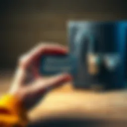 A hand holding a small engraved metal plate with secret codes, next to a locked box, symbolizing safe storage methods for sensitive information.