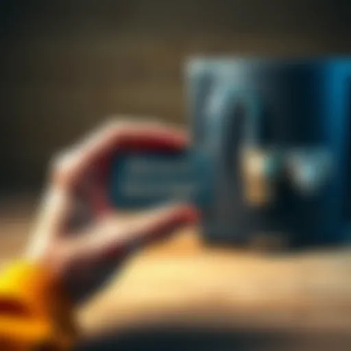 A hand holding a small engraved metal plate with secret codes, next to a locked box, symbolizing safe storage methods for sensitive information.