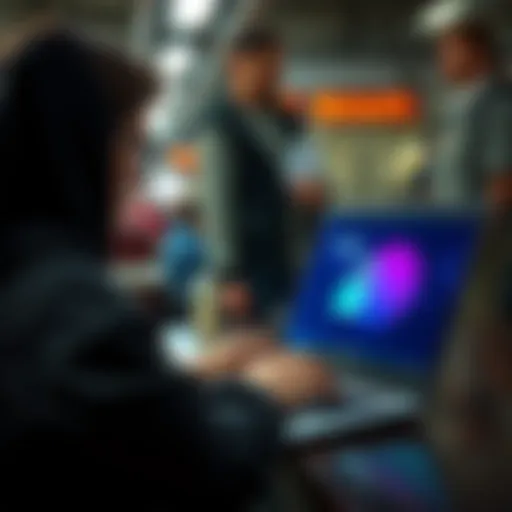 A person using a laptop in a public space, looking cautious while entering passwords, with a lock symbol on the screen to represent security.