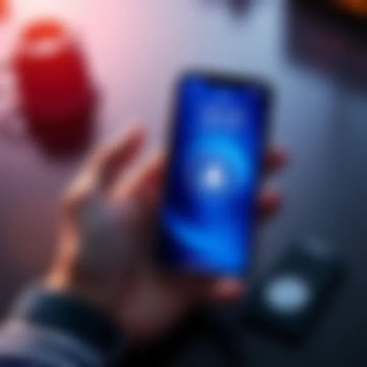 A person holds an iPhone displaying a crypto wallet, with a biometric lock icon visible. A hardware wallet is placed next to the phone.