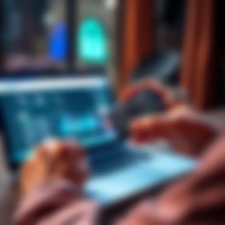 A person holding a TREZOR hardware wallet while buying cryptocurrency on a laptop, showing a secure online platform interface.