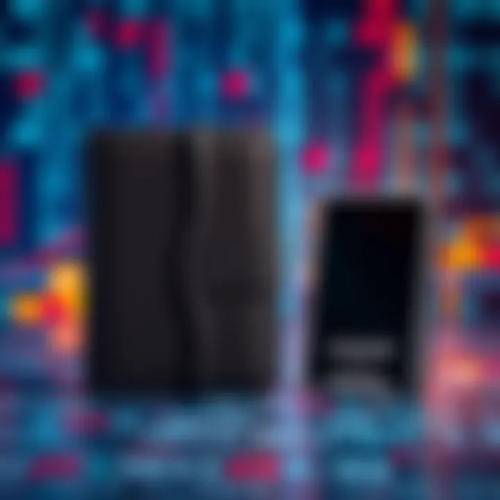 A visual representation of a Safe multisig wallet next to a Ledger Flex wallet, highlighting safety features, with a digital backdrop of binary code.