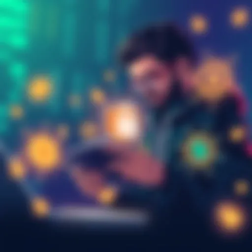 Illustration of a person setting up a ledger wallet with emphasis on securing seed phrases, surrounded by digital security symbols.