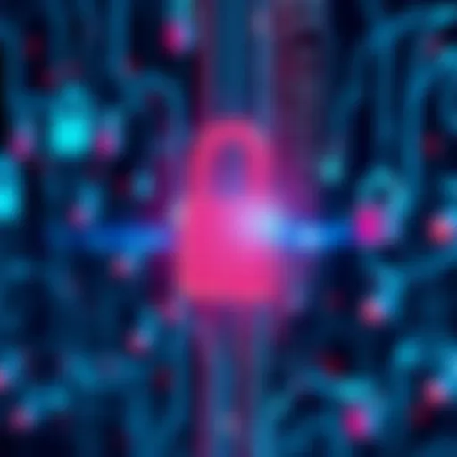 A visual representation of secure data processing with locks and digital code, illustrating homomorphic encryption for protecting sensitive information while performing calculations.
