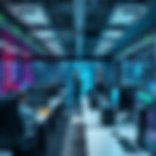 A modern office space with a team discussing security protocols, featuring computers and security systems visibly in use, emphasizing safety and professionalism.