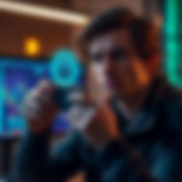A person holding a Trezor wallet, looking concerned about security, with a computer and security icons in the background.