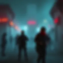 A tense scene at a military base with guards on high alert and a shadowy figure in the background, representing an intruder
