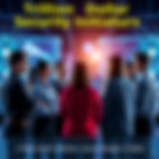 A group of diverse professionals discussing security plans with digital screens showing advanced technology and data analysis.