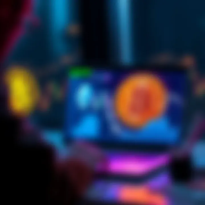 A person analyzing altcoins on a laptop, with Bitcoin and Ethereum logos prominently displayed on the screen.