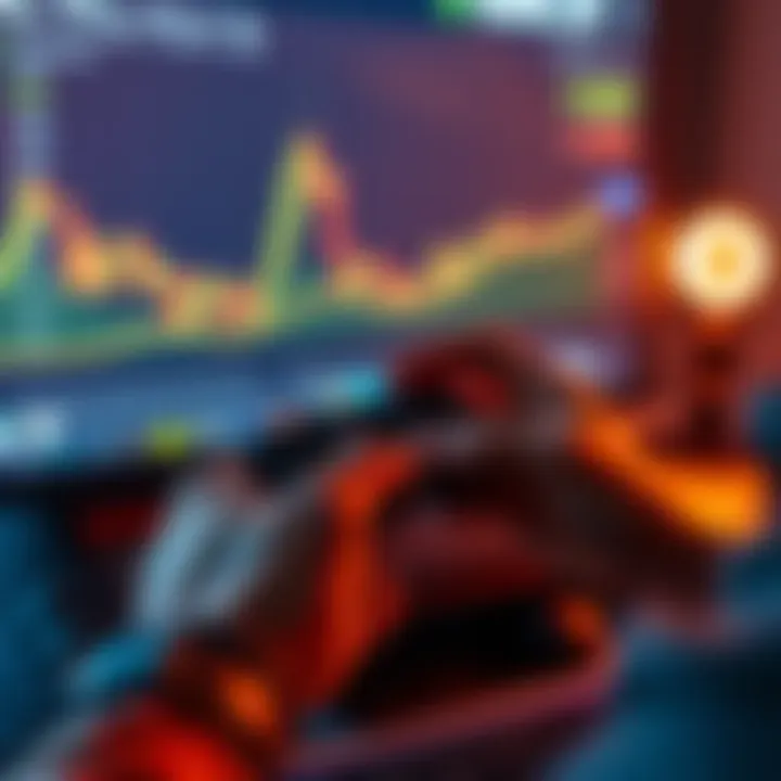 A person holding a hardware wallet while looking at a computer screen displaying a declining crypto market graph.