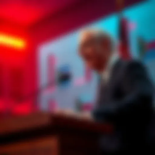 A person in a suit speaking at a podium about governance and authority