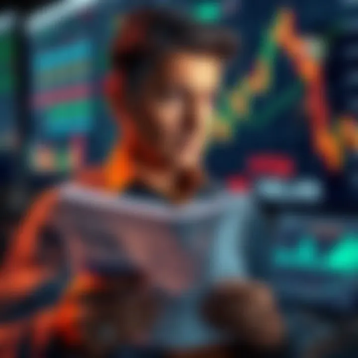 A seller looking contemplative while holding investment documents, showing signs of reflection on market changes, with charts and graphs in the background representing market volatility.