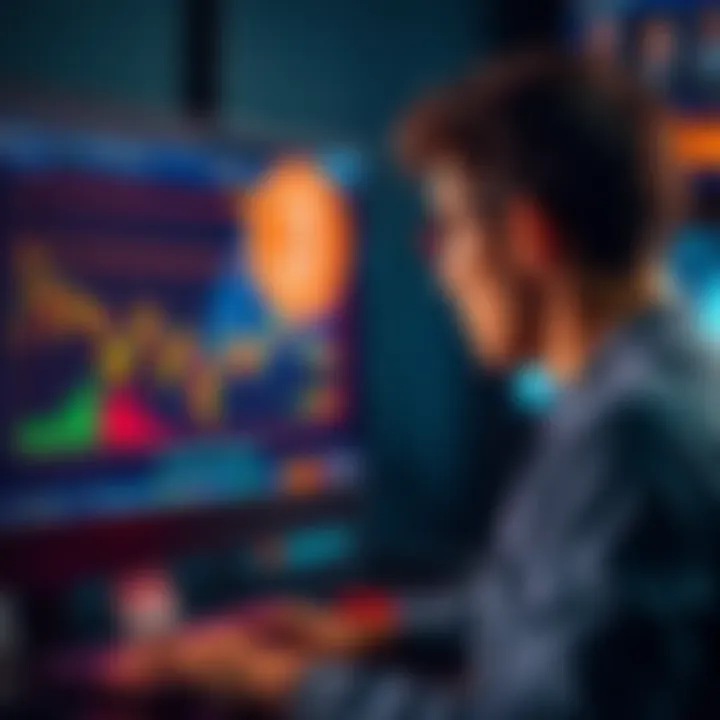 Person selling Bitcoin A person looking at a computer screen displaying Bitcoin market prices while contemplating a sale