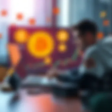 A person analyzing charts on a laptop to decide when to sell Bitcoin, Ethereum, or Solana, surrounded by crypto symbols.
