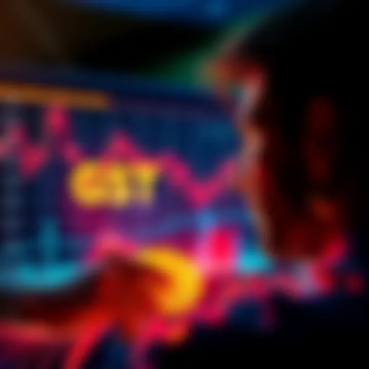 A person looking at a digital chart with downward trends and GST coins, showing concern about selling decisions