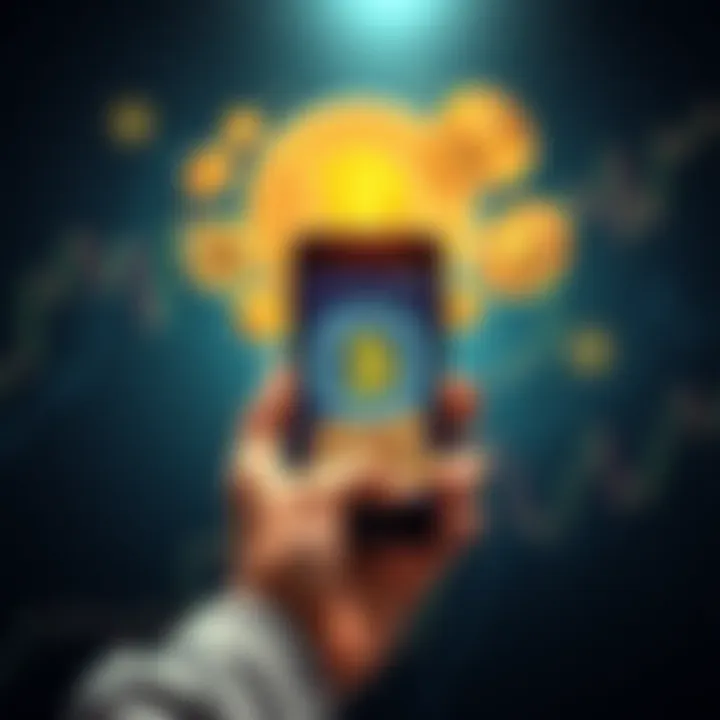 A person holding a mobile phone displaying a cryptocurrency wallet with Pi coins, surrounded by graphical elements showing trading charts and currency symbols.