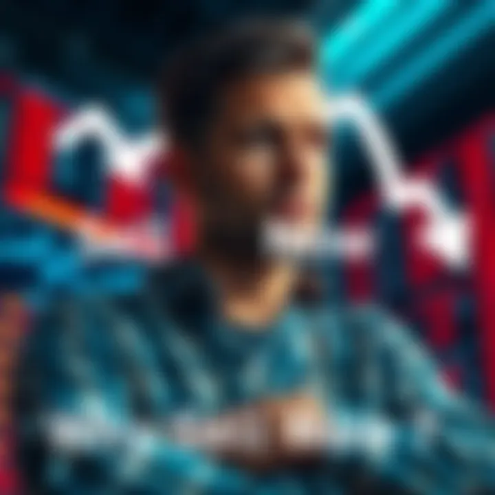 A person considering selling stocks or assets, with arrows showing a downward trend in prices