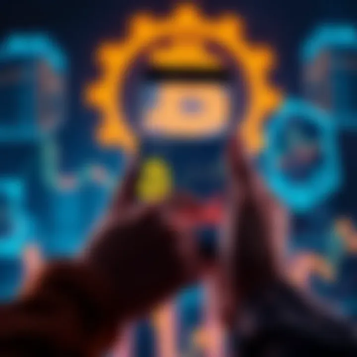 A person holding a smartphone showing a Bitcoin chart with a bright future investment symbol in the background