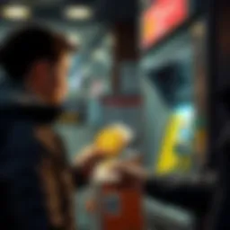 Selling Bitcoins for Cash A person exchanging Bitcoin for cash at a currency exchange kiosk
