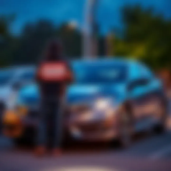 A person stands next to a Honda Civic holding a 'For Sale' sign, ready to sell the car for Bitcoin investment.