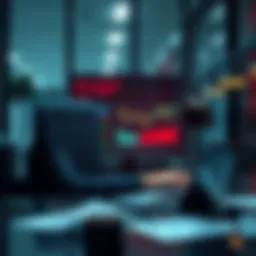 A person analyzing market trends with a laptop in a calm office setting, surrounded by graphs and financial reports.