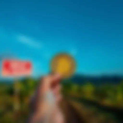 A person holding a Bitcoin symbol in front of a sold land sign in El Salvador