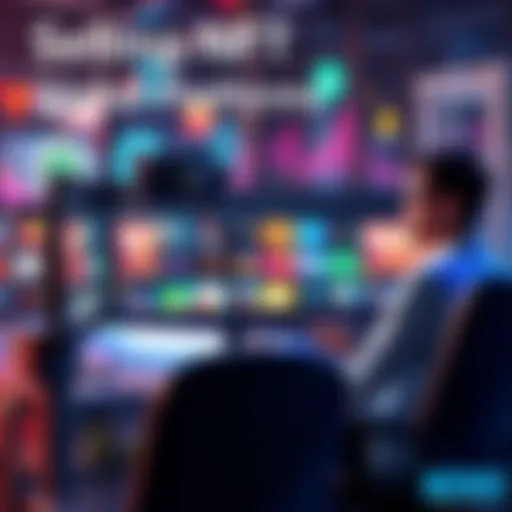 A person sitting at a computer, showcasing various platforms to sell NFTs with digital art displayed on screen