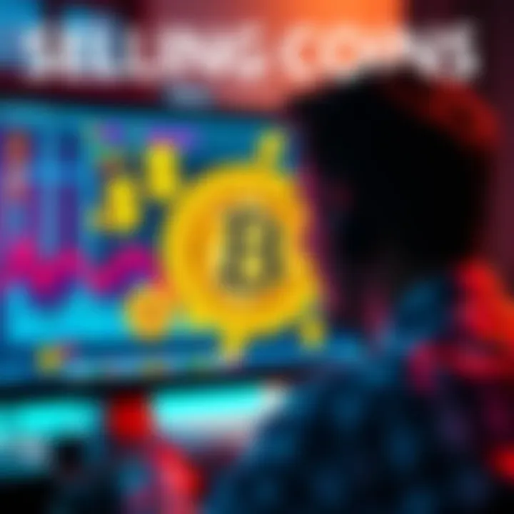 A person looking at a computer screen displaying Pi coins for sale, with dollar signs around them, illustrating the selling process.