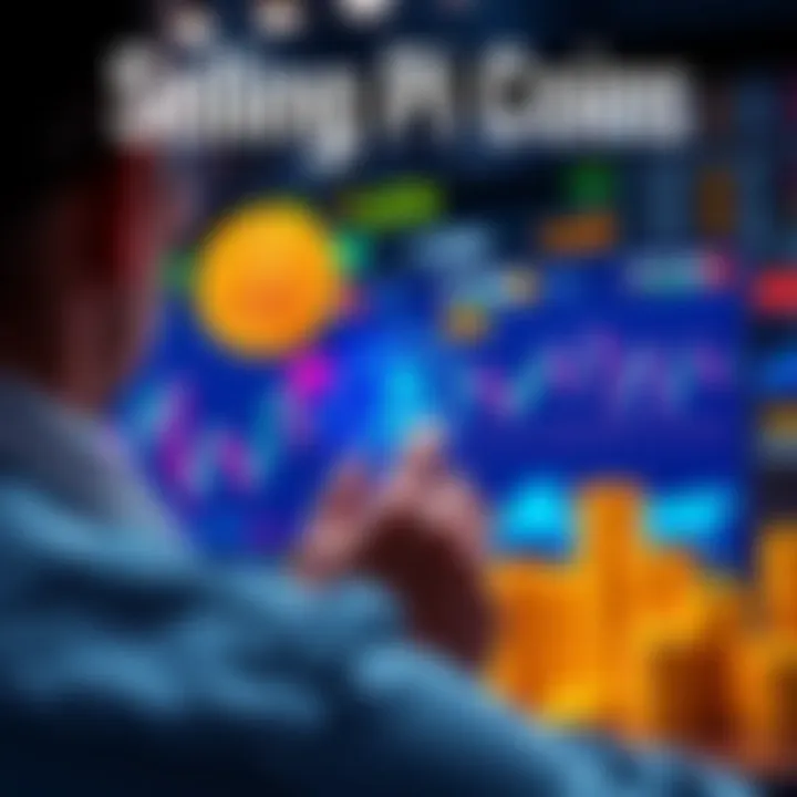 A person looking at a digital screen showing pi coins and cryptocurrency charts, considering selling options.
