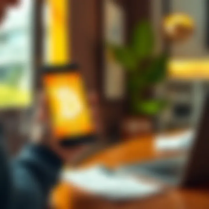 A person holding a smartphone displaying Pi coins, looking thoughtful about selling them, with a laptop and financial documents on the table.