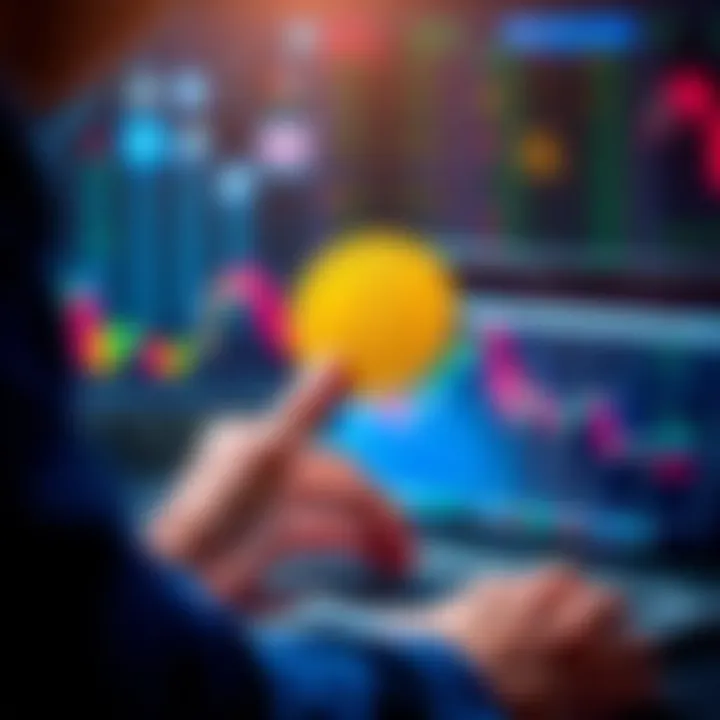 A person analyzing market rates for Pi tokens on a laptop while holding a Pi token in hand.