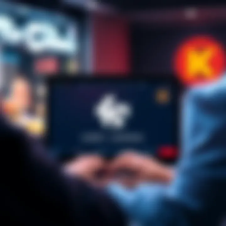 A person using a laptop to sell products on Crypto Corner Shop for Kaspa currency, with a graphic of the Kaspa symbol in the background.