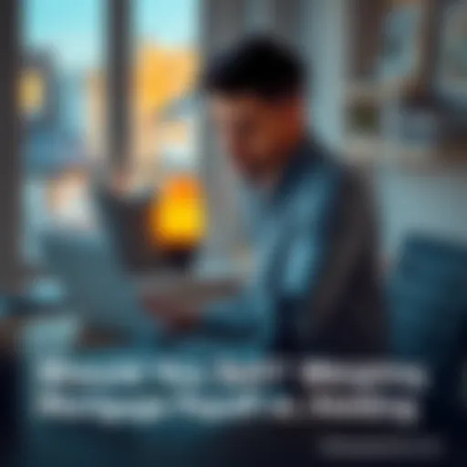 A person sitting at a table with a laptop, looking at home listings and mortgage documents, weighing options