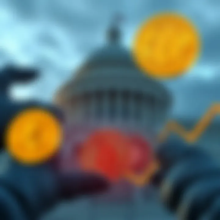 U.S. Senate passing a financial deal with cryptocurrency symbols like Bitcoin and Ethereum increasing in value