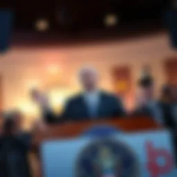 Senate Democrat Advocating for Crypto Legislation A Senate Democrat speaking at a podium about cryptocurrency legislation, with reporters and cameras in the background