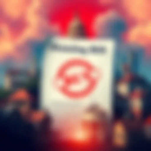 A document showing the Senate housing bill with a large red stamp indicating a ban on CBDC transactions, surrounded by housing-related images like houses and buildings.