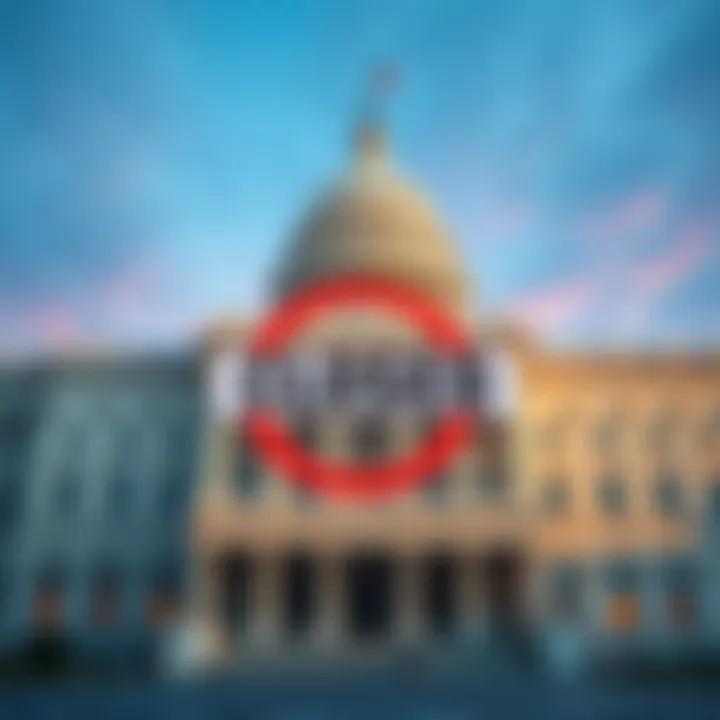 The US Senate building with a sign indicating the ban on trading prediction markets by senators.
