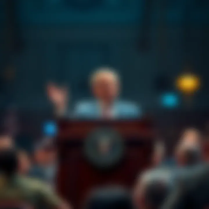 A US senator stands at a podium discussing cryptocurrency legislation, expressing determination to revive a stalled bill, with a crowd of engaged people in the background.