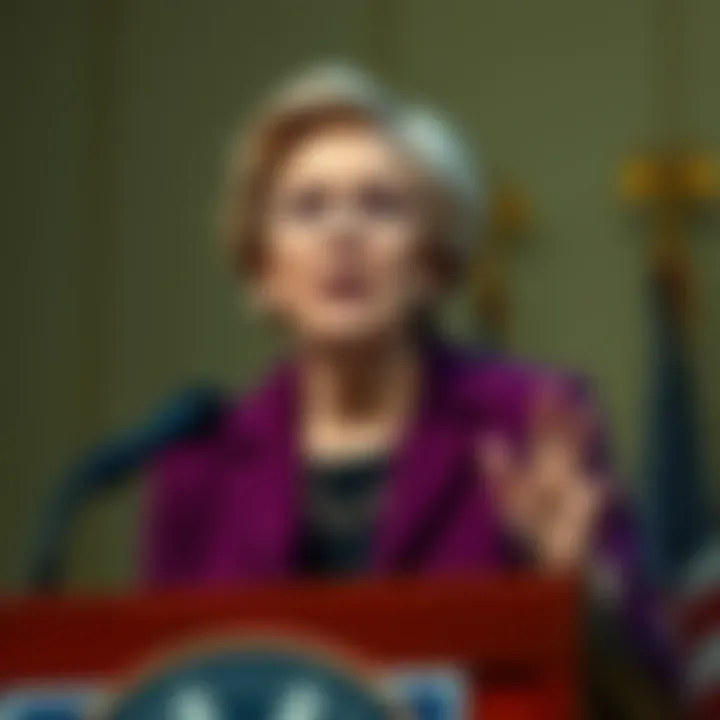 Senator Elizabeth Warren speaks at a podium, advocating against Federal Reserve and Treasury bailouts for cryptocurrency billionaires during a press conference