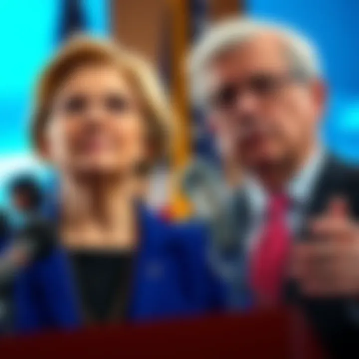 US Senators Elizabeth Warren and Jack Reed at a press conference urging a DOJ investigation into WLFI's Trump ties and connections to Russia.
