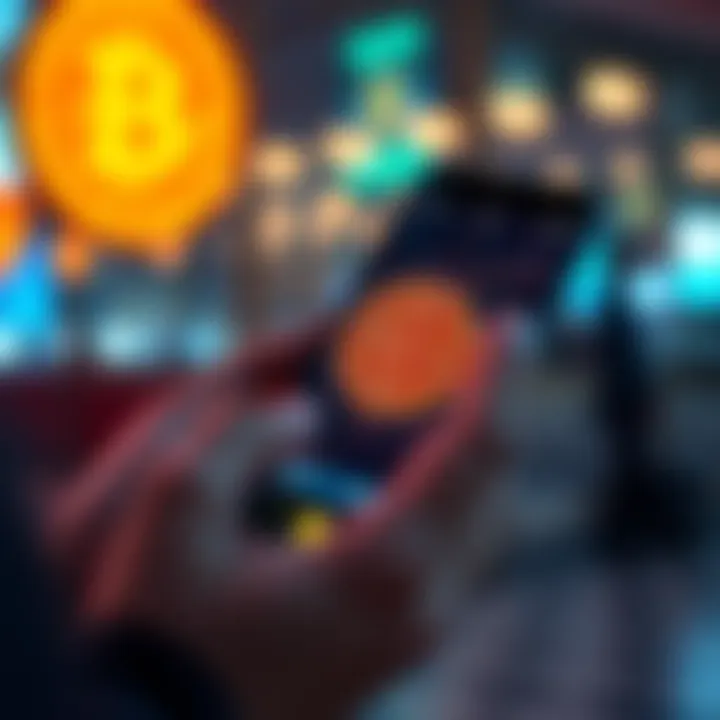 A person using a smartphone to send a bitcoin payment safely, with a digital wallet app open on the screen.