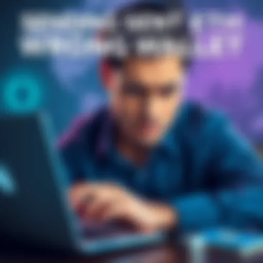 A visual showing a person looking frustrated while using a laptop, with an illustration of cryptocurrency symbols and a wallet in the background, representing a mistaken transaction.
