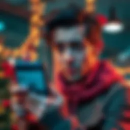 A person looking worried while checking their bank app, showing a transaction to a blocked account during holiday season